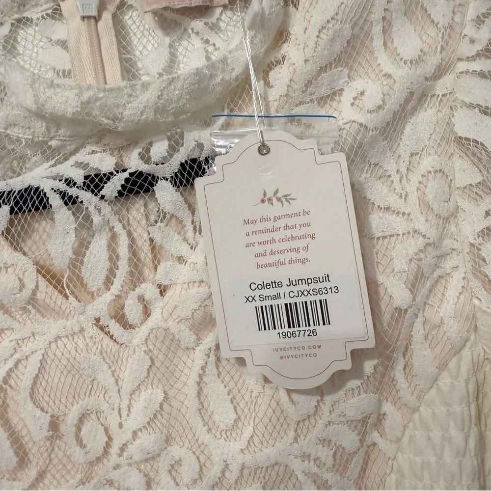 Ivy City Co Colette Cream Long Sleeve High Neck Lace Jumpsuit XXS